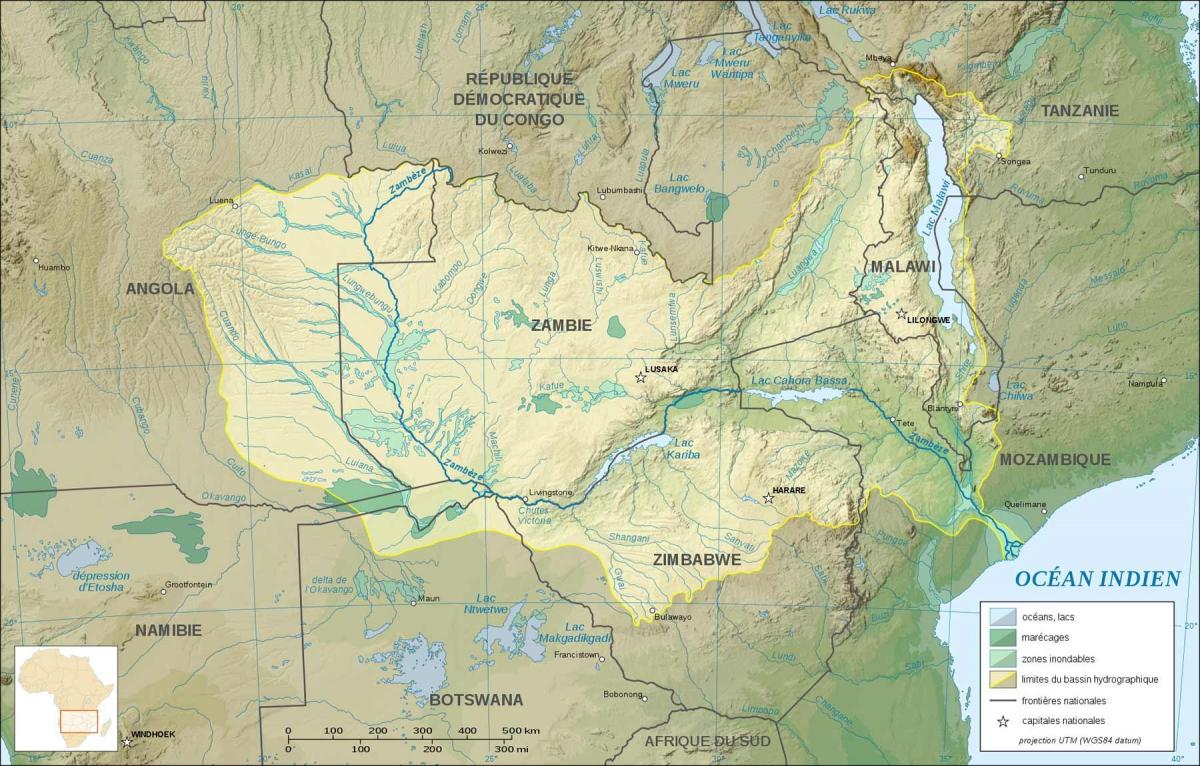 карта Замбії показуючи річок і озер